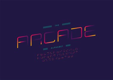 Biçimlendirilmiş arcade alfabesi, yazı tipi, vektör illüstrasyonu      