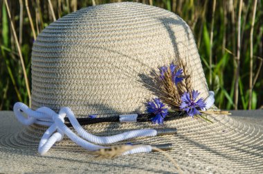 Tarlada hasır şapkayla kaplı mor lupin çiçekleri. Sabah çimenlerinde bir buket lupin çiçeğinin yanında. Çiçeklerle süslenmiş hasır şapka. rustik stil ev dekoru