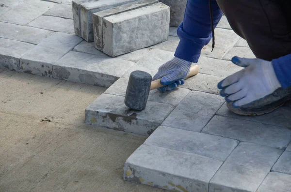 Evin yakınında asfalt inşaatı. Tuğlacı kaldırım inşaatı için beton kaldırım taşı blokları yerleştirdi