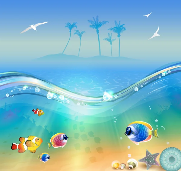 Tropická pláž, pod vodou a volně žijící zvířata — Stockový vektor