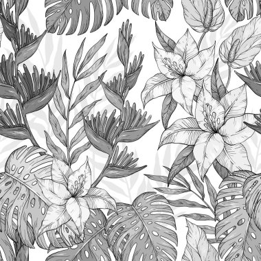 Tropikal yapraklar ve çiçeklerle kusursuz tek renkli egzotik desen. Açan orman