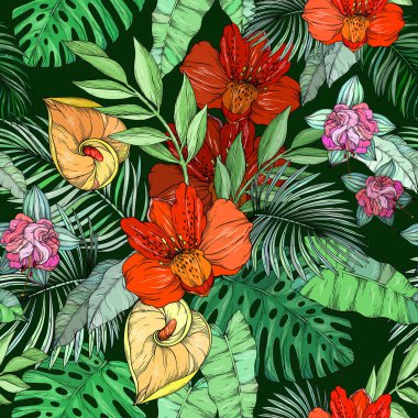 Siyah arkaplanda renkli çiçeklerle kusursuz desen