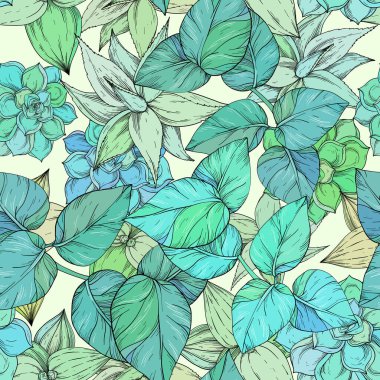 Tropikal ormansız desen, yeşil yapraklı arka plan.,