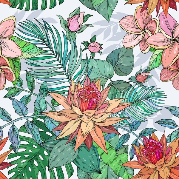 Çiçeklerin pürüzsüz arkaplanı frangipani, palmiye dalı ve tropikal çiçekler, el çizimi — Stok Vektör