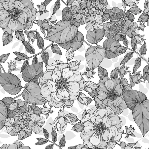 黑色和白色的夏季花卉无缝图案与玫瑰 — 图库矢量图片