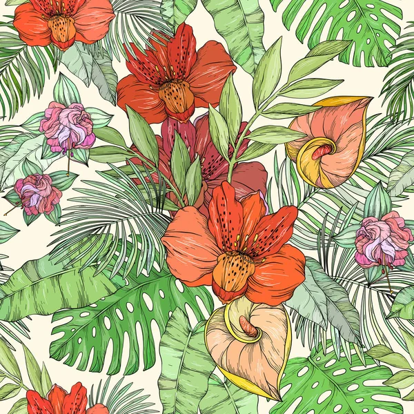 Seamless pattern with tropical flowers — Stock Vector