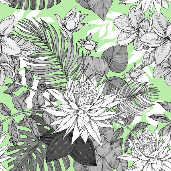 Bezszwowe tło kwiatów frangipani, gałąź palmy i tropikalne kwiaty, ilustracja rysunku dłoni — Wektor stockowy