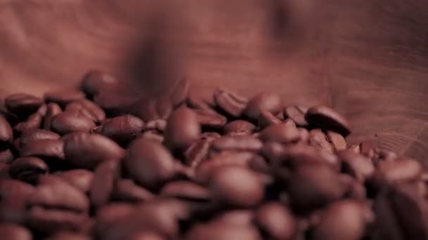 Kaffe. Fallande rostade kaffebönor — Stockvideo