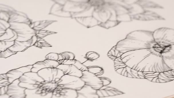 Artista feminina desenha uma composição do flowe em uma mesa. Mãos ao alto — Vídeo de Stock