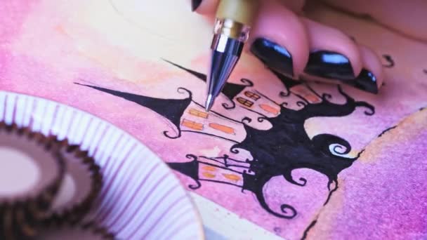 Mão feminina desenho castelo de conto de fadas — Vídeo de Stock