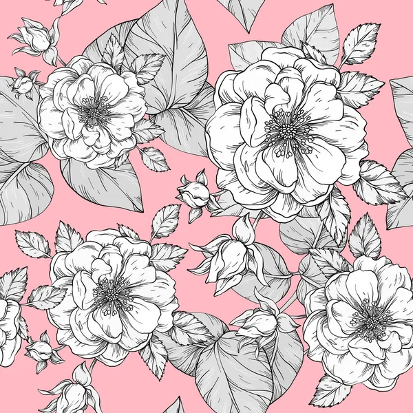 Pink floral seamless pattern with white roses — 스톡 벡터