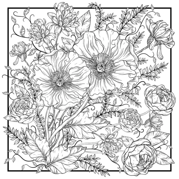 Vintage virágmintás. Illusztráció vörös mákokkal, rózsákkal, nyári virágokkal. Virágmintás. Fekete-fehér — Stock Vector