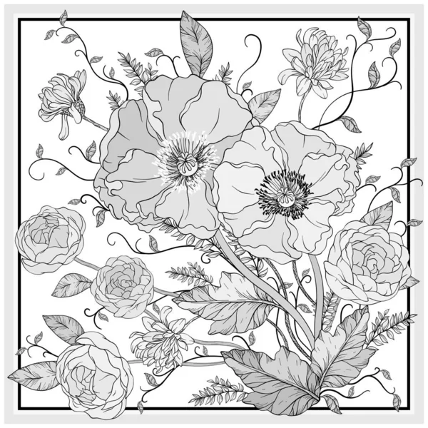 Vintage monokrom blommig design. Illustration med röda vallmo och rosor, sommarblommor. Blommig design. — Stock vektor