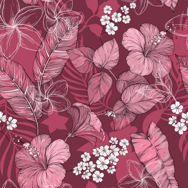 Pembe monokrom el, tropik çiçeklerle dikişsiz desen çizer, çiçek kümesi dikişsiz arkaplan