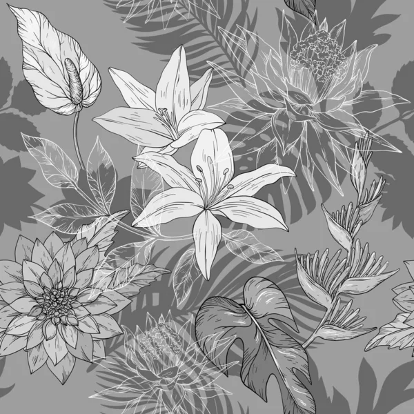 Μονοχρωμία χέρι σχέδιο απρόσκοπτη μοτίβο με τροπικά λουλούδια, συστάδα άνθος απρόσκοπτη φόντο — Διανυσματικό Αρχείο
