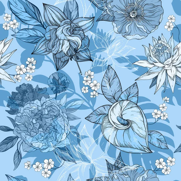 Blue monochrome hand draw seamless pattern with elegant flowers, blossoming floral elements — Stock Vector