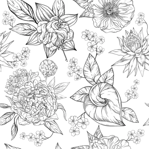 Dibujo a mano blanco y negro patrón sin costuras con flores elegantes, elementos florales florecientes — Archivo Imágenes Vectoriales