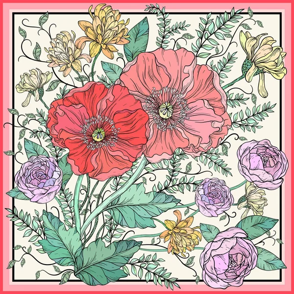 Vintage florales Design. Illustration mit roten Mohn und Rosen, Sommerblumen. Florales Design. — Stockvektor