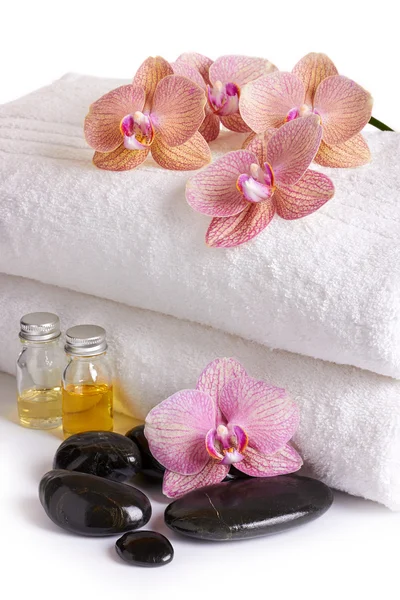 Orquídeas rosadas, aceite cosmético y piedras de spa — Foto de Stock
