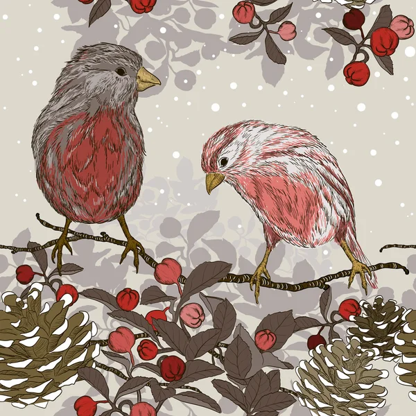 Vánoční bezešvé vzor s ptáky v zimě — Stockový vektor