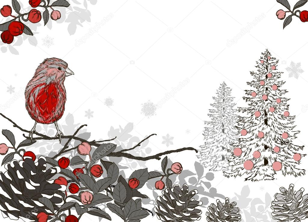 Christmas hand drawn background for xmas design with winter bird