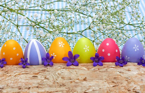 Colorful easter eggs on wooden background with spring flowers — Stock Photo, Image