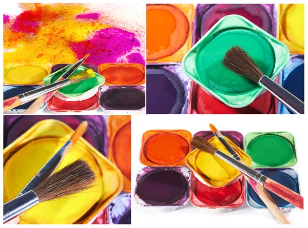 Set of imagens with watercolor paints and  brushes — Stock Photo, Image