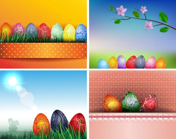 Conjunto de fondos coloridos con huevos de Pascua — Vector de stock