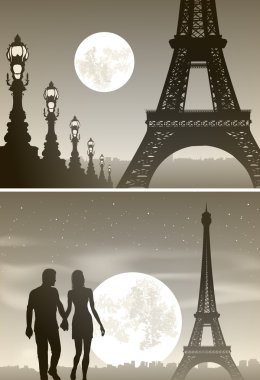 gece Paris ve çift aşık