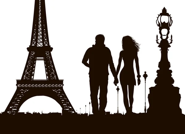 Vista de Paris e casal apaixonado — Vetor de Stock