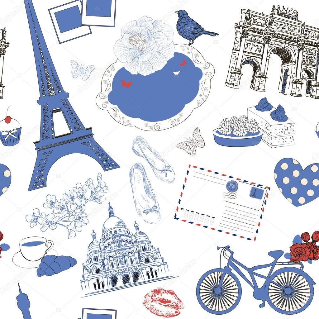 Vector Seamless pattern hand drawn illustration with Paris symbo