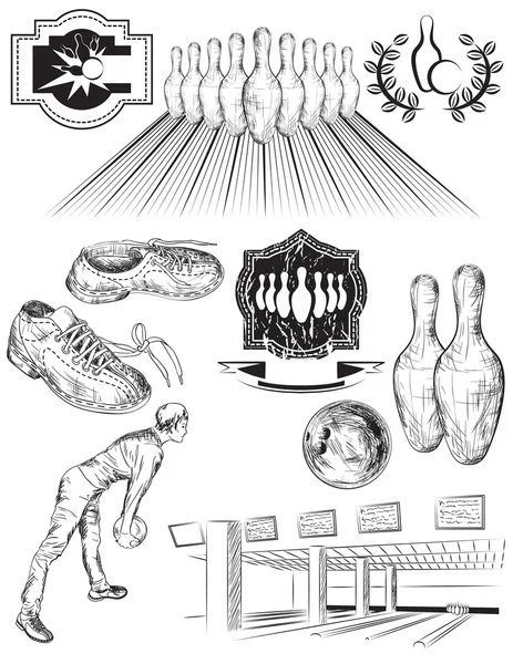 Ensemble d'éléments de bowling isolés en noir et blanc — Image vectorielle