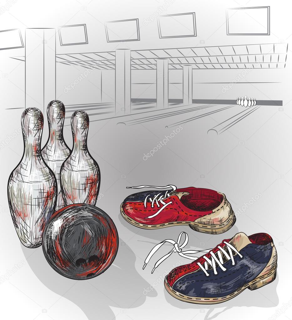 pair of bowling shoes and bowling ball ready to hit pins