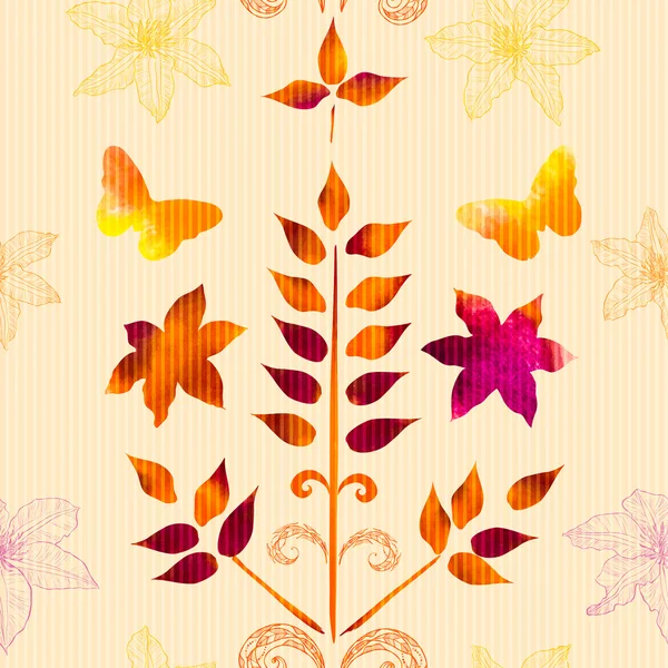 Pattern with watercolor painted leaves, flowers and design eleme — Stock Vector