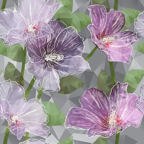 Fundo sem costura com flores florescendo Hibiscus em triângulos — Vetor de Stock