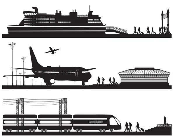 Pelancong di terminal bandara, stasiun kereta api dan dermaga dengan cruis - Stok Vektor