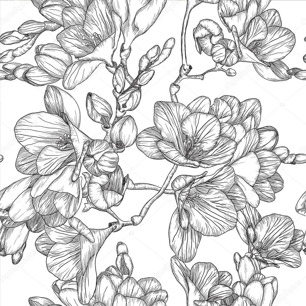 Black and white seamless pattern with Beautiful bouquet of sprin