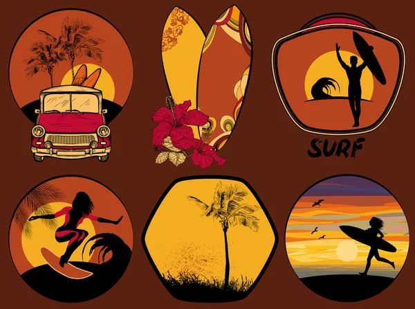 Surf Diseño playa y océano estilo insignias y emblemas — Vector de stock