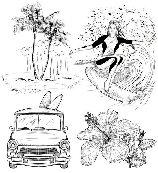 Ensemble d'esquisses de style plage Surfing Design — Image vectorielle