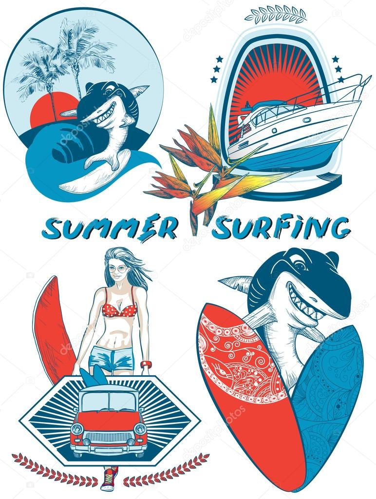 Set of Surfing Design badges and emblems