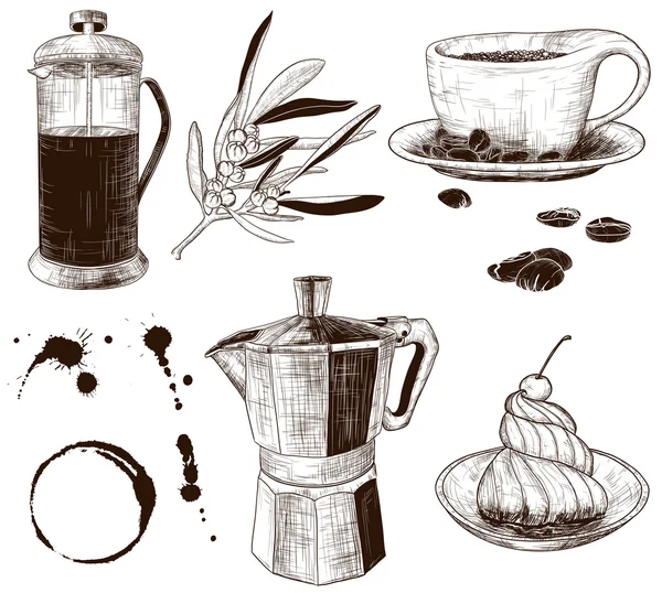 Conjunto dibujado a mano de artículos de café — Vector de stock
