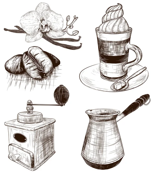 Handgetekende collectie café items — Stockvector