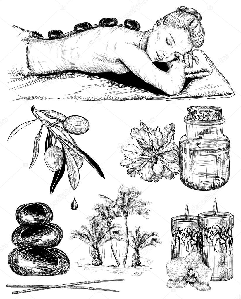Beauty and healthcare, sketch set of tropical spa