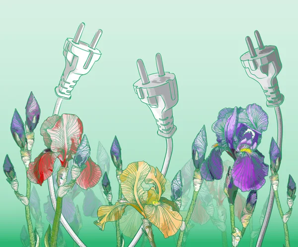 Fondo ecológico verde con iris florecientes . — Vector de stock