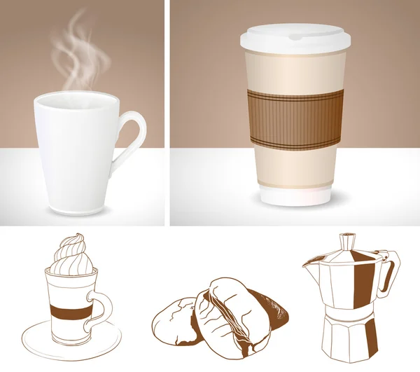Tazas de café realistas y contornos de cafetera, café con leche y co — Vector de stock
