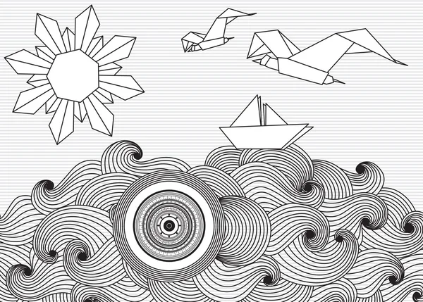 Бумажный корабль и солнце с каракулями морских волн и чаек — стоковый вектор
