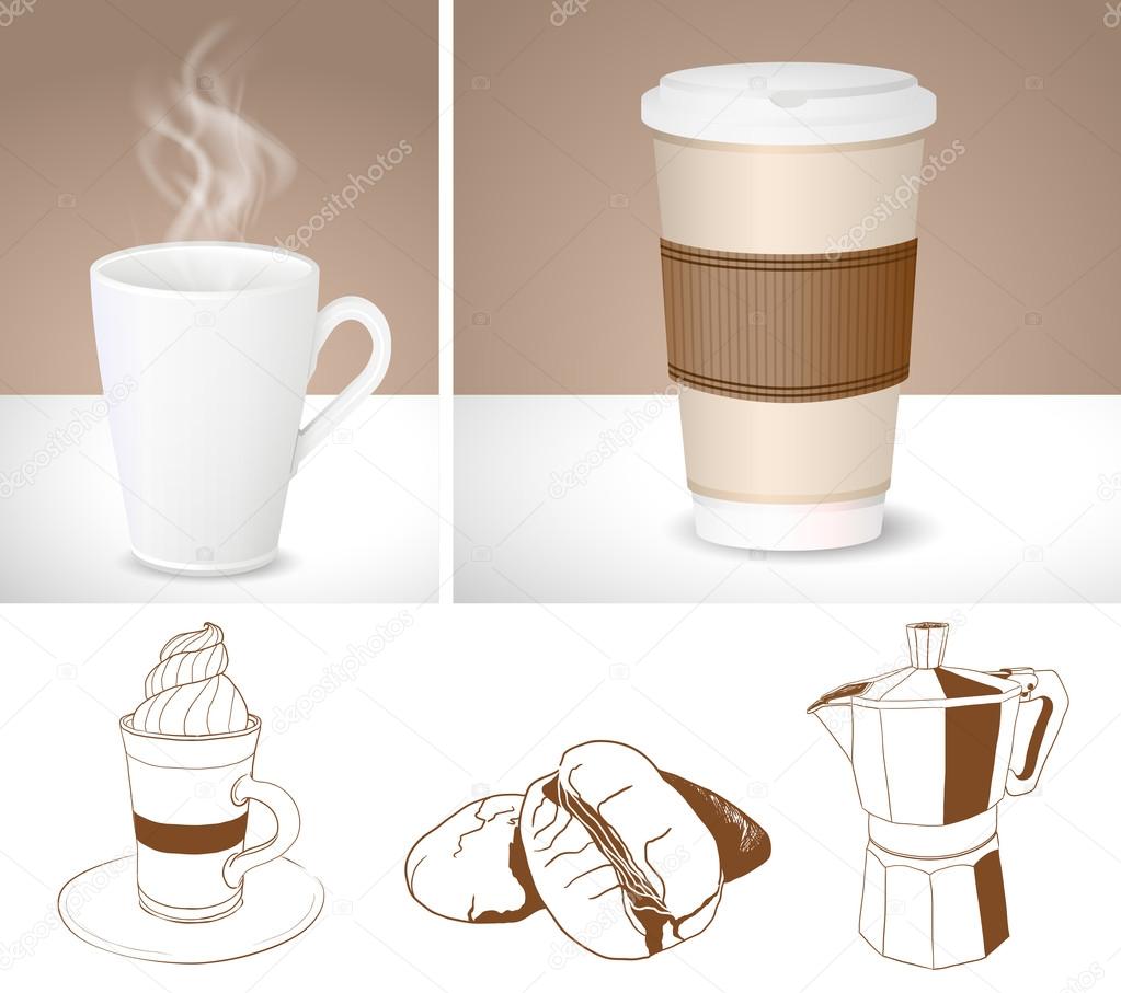 realistic coffee cups and outlines of Coffee maker, latte and co