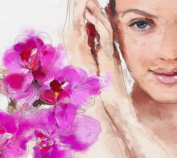 Aquarelle dessinée à la main mode peinte visage femme — Image vectorielle