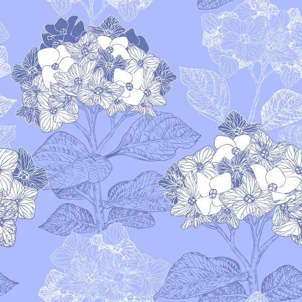 Floral seamless pattern with hydrangea flowers on a blue backgro — Stock Vector