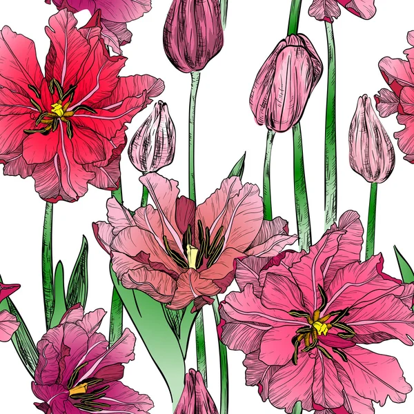 Patrón sin costura vectorial con flores de tulipán de primavera rosa — Archivo Imágenes Vectoriales